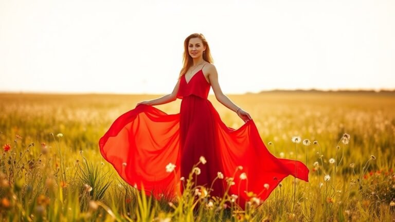A serene scene of a woman in a flowing red dress, confidently standing in a sunlit field, surrounded by wildflowers, embodying empowerment and grace