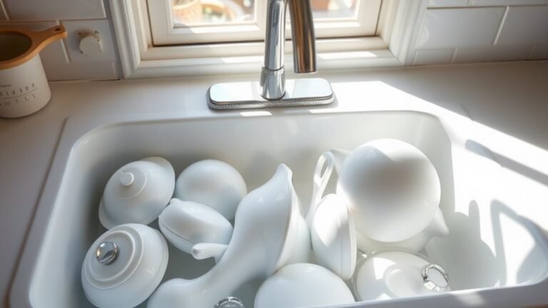 A pristine kitchen sink filled with sparkling, clean dishes, sunlight streaming through a window, reflections dancing on the porcelain, creating an inviting, serene atmosphere