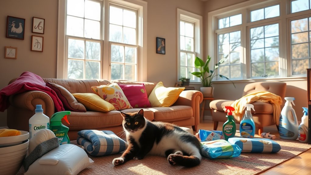 A serene living room with sunlight streaming through large windows, a cozy couch piled with colorful cushions, and a playful cat lounging amidst scattered cleaning supplies