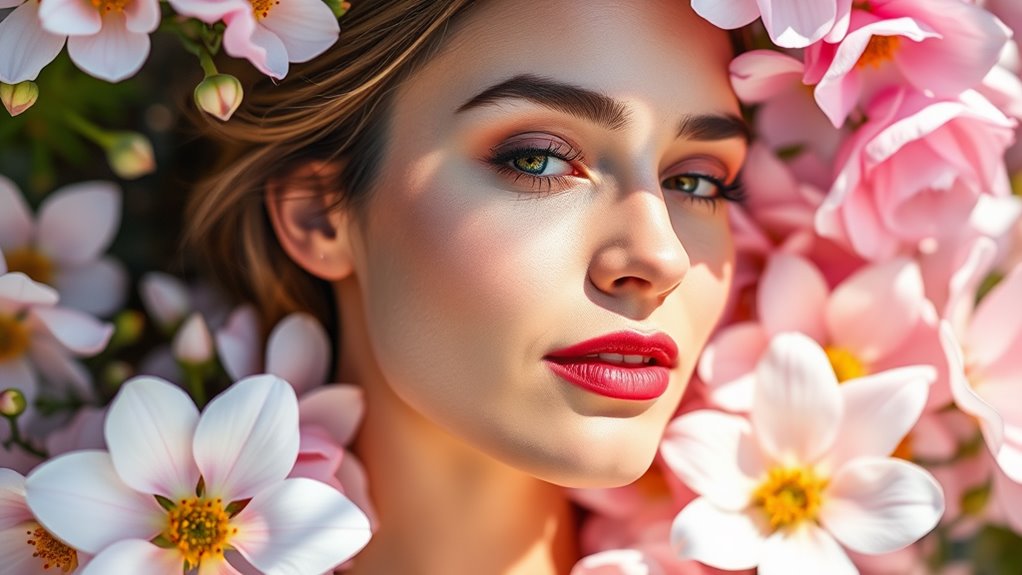 A serene woman with radiant skin, surrounded by soft flowers, basking in natural light, embodying confidence and beauty, captured in elegant detail and vibrant colors