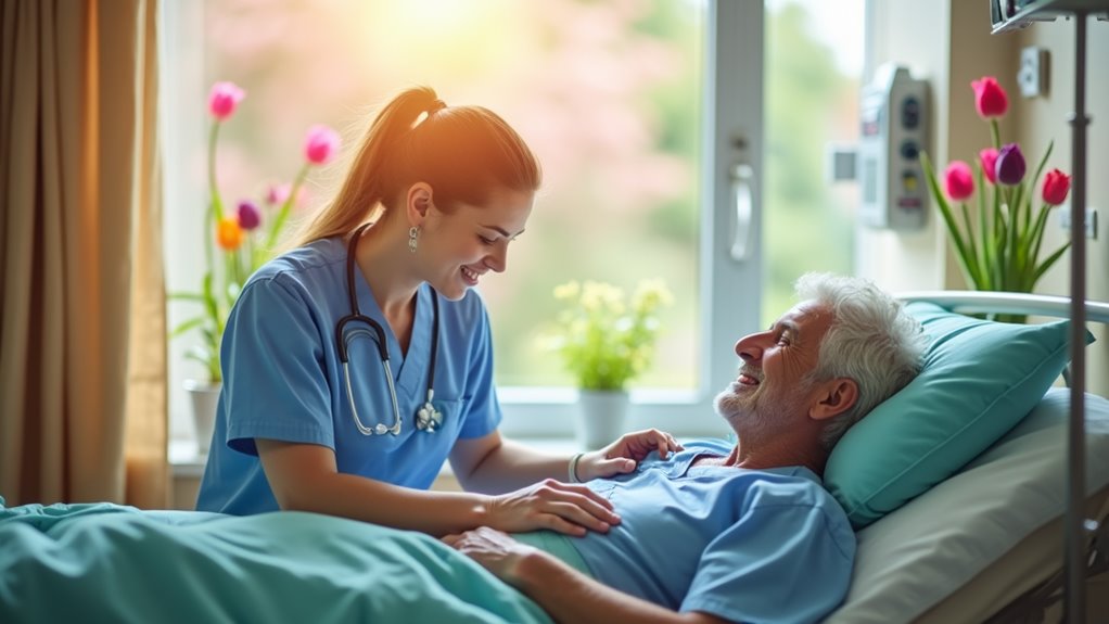 A compassionate nurse in scrubs, gently caring for a patient in a sunlit hospital room, surrounded by vibrant flowers and soothing colors, captured in stunning detail