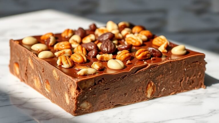 A luxurious, rich chocolate fudge square topped with assorted nuts, glistening under natural light, elegantly placed on a marble surface, showcasing its decadent texture