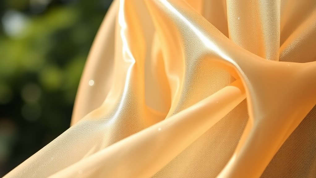 A close-up of a shimmering nylon fabric, elegantly draped, showcasing intricate textures and colors, captured in natural lighting with a soft focus background