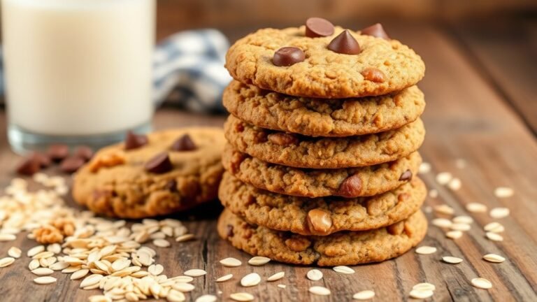 A freshly baked stack of golden-brown oatmeal cookies, adorned with chocolate chips and walnuts, set on a rustic wooden table, surrounded by oats and a glass of milk