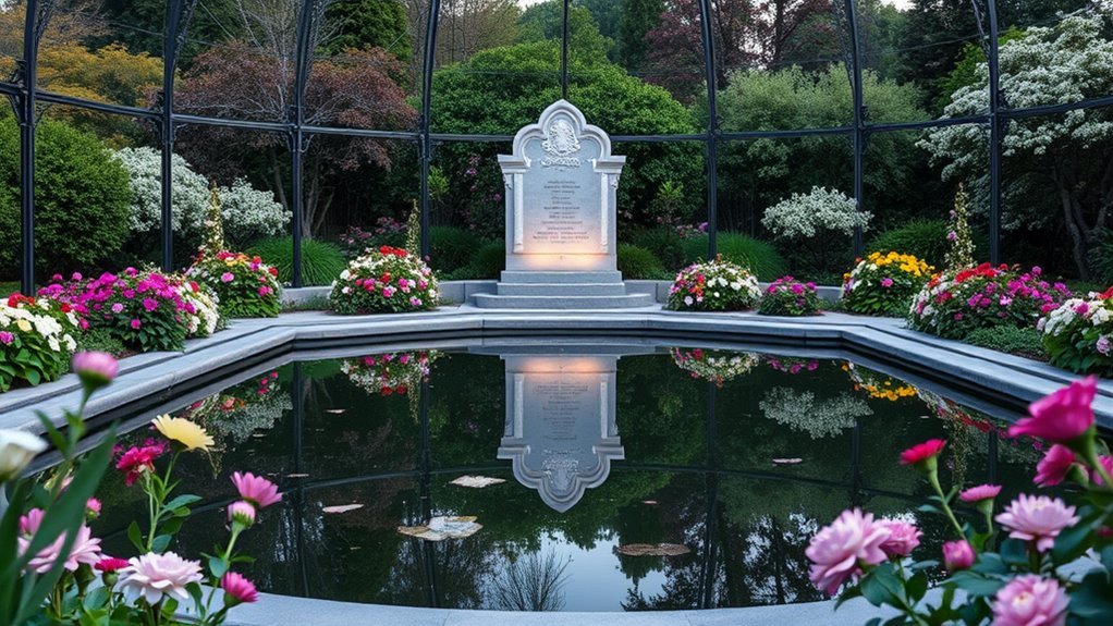 A serene memorial garden with a reflecting pool, surrounded by blooming flowers and a central stone monument, illuminated by soft, natural lighting