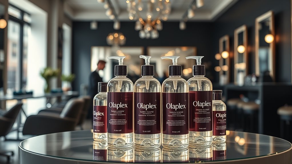 A beautifully styled hair salon with a central focus on an Olaplex product display, shimmering light reflecting off elegant glass bottles, natural lighting enhancing the scene