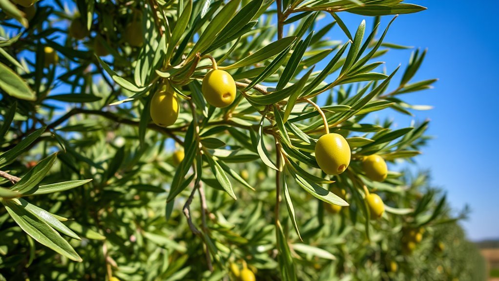 A close-up of a lush olive grove, sun-dappled leaves glistening with dew, ripe olives hanging gracefully from branches, against a clear blue sky