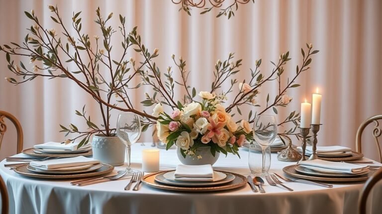 A vibrant, elegantly decorated table set for a celebration, adorned with blooming olive branches, soft pastel hues, and shimmering candles, capturing the essence of National Olivia Day