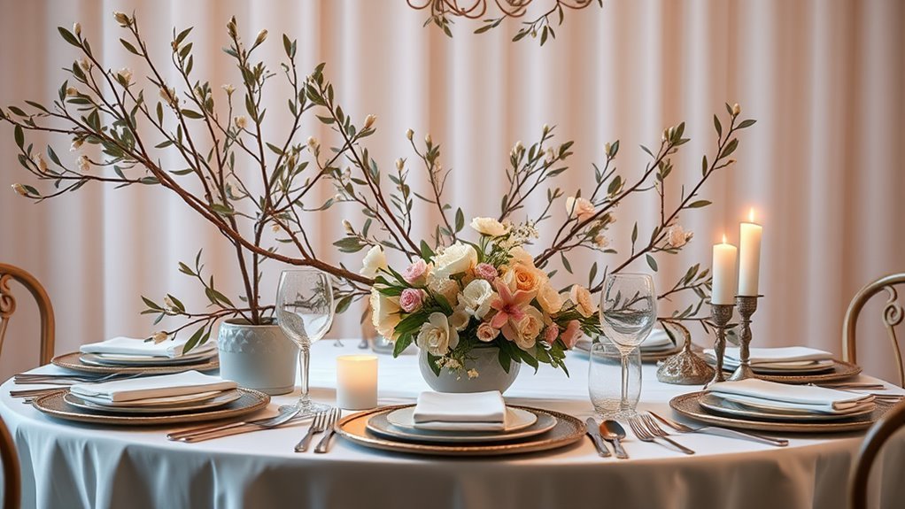 A vibrant, elegantly decorated table set for a celebration, adorned with blooming olive branches, soft pastel hues, and shimmering candles, capturing the essence of National Olivia Day