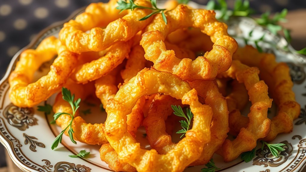 A close-up shot of golden, crispy onion rings piled elegantly on a vintage plate, glistening with a light sheen, surrounded by fresh herbs, with natural lighting enhancing their texture