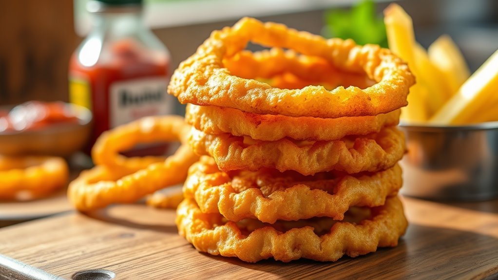 A close-up of golden, crispy onion rings stacked elegantly on a rustic wooden table, glistening in natural light, with a soft-focus background of condiments