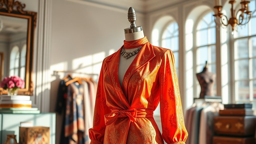 A vibrant, elegantly styled outfit displayed on a mannequin in a sunlit room, surrounded by accessories, capturing shimmering textures and intricate details, shot in stunning clarity