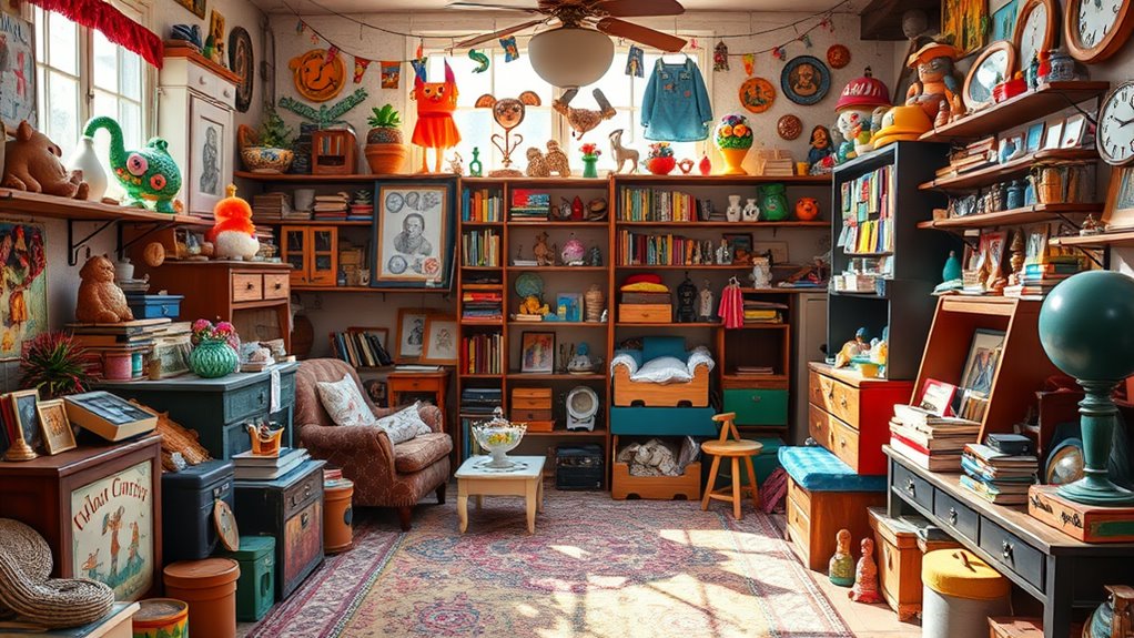 A whimsical, cluttered room filled with colorful treasures and quirky collectibles, illuminated by natural light, showcasing a joyful pack rat's vibrant life