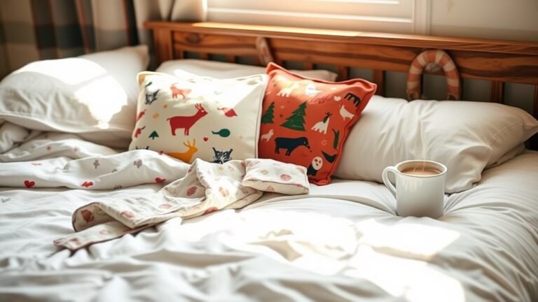 A cozy bedroom scene featuring a neatly made bed adorned with colorful pajamas, fluffy pillows, and a steaming cup of cocoa, illuminated by soft morning light