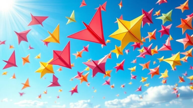 A vibrant blue sky filled with colorful paper airplanes soaring gracefully, sunlight illuminating their intricate folds, captured in stunning detail with a soft, serene landscape below