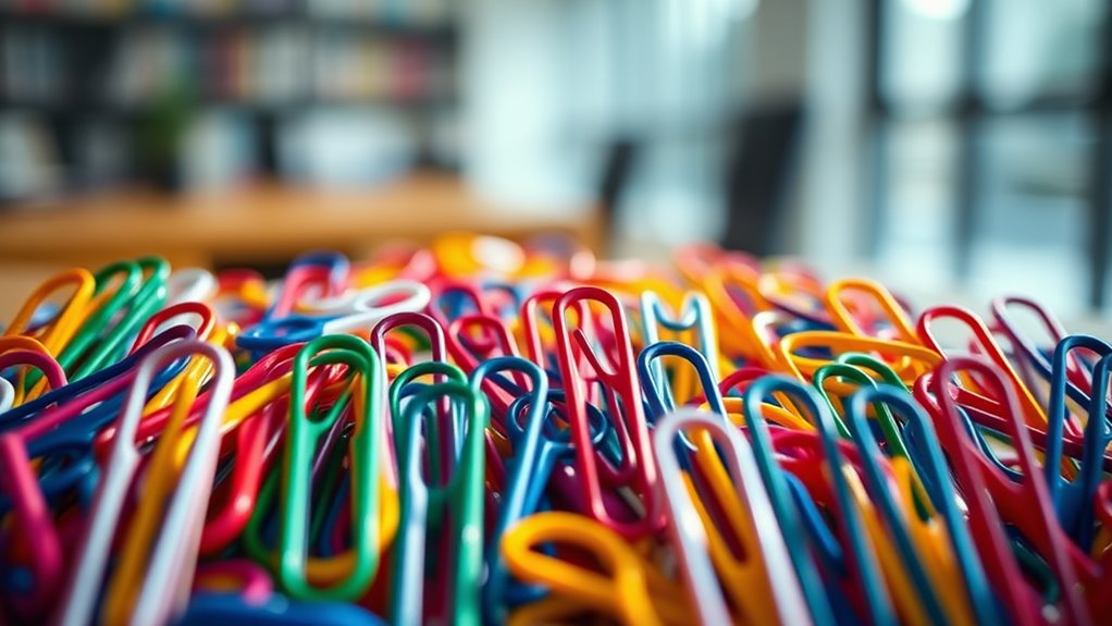 A close-up shot of a beautifully arranged assortment of colorful paperclips, glistening under natural light, with a blurred office background for depth