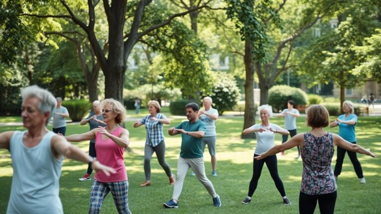 A serene park scene with individuals of diverse ages and backgrounds engaging in gentle exercises, surrounded by lush greenery and soft sunlight filtering through trees
