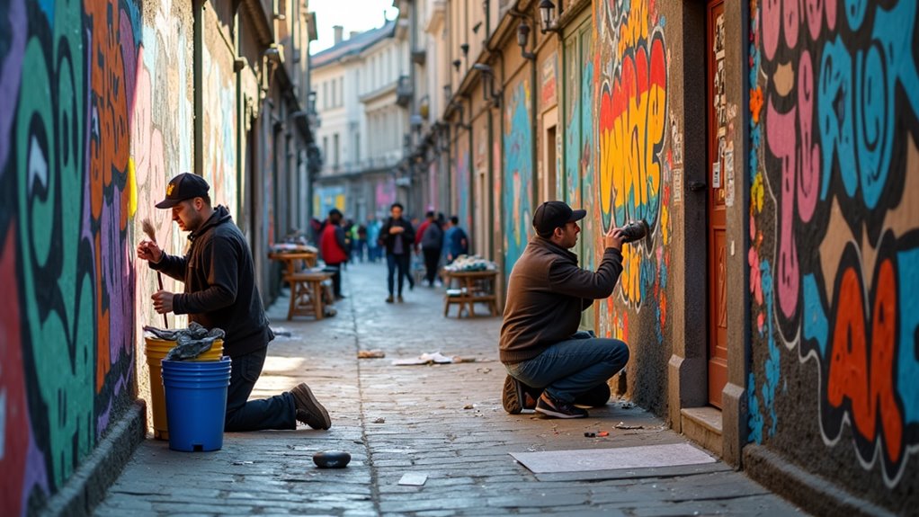 A vibrant urban street scene showcasing colorful paste-up art on walls, with artists in action, natural lighting illuminating their creative process, centered composition