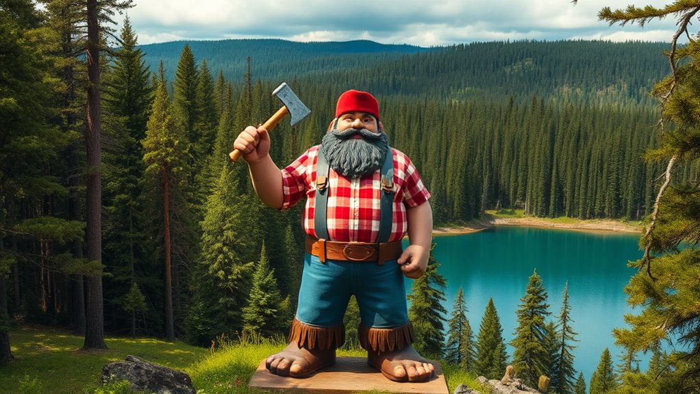 A colossal Paul Bunyan stands proudly in a lush forest, axe in hand, surrounded by towering trees and a serene blue lake reflecting the sky