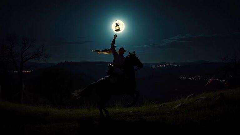 A dramatic night scene depicting Paul Revere on horseback, lantern raised, galloping through a moonlit countryside, with shadows of trees and distant towns in the background