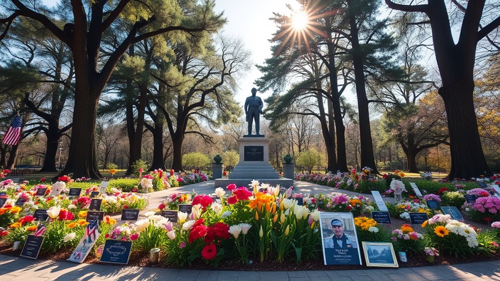 A serene memorial site adorned with blooming flowers, surrounded by towering trees, featuring a central statue of a peace officer, bathed in soft, natural sunlight