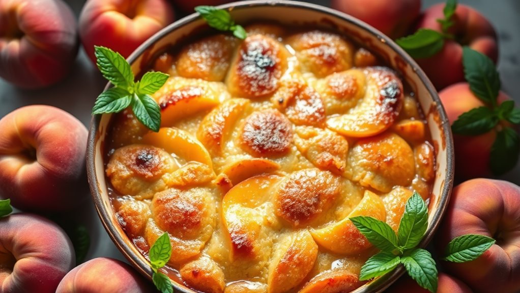 A golden-brown peach cobbler in a rustic dish, surrounded by fresh peaches and mint leaves, bathed in soft natural light, with a shimmering crust