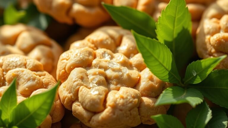 A close-up of golden-brown peanut butter cookies, glistening with a sprinkle of sea salt, surrounded by lush, green leaves and natural light illuminating their texture