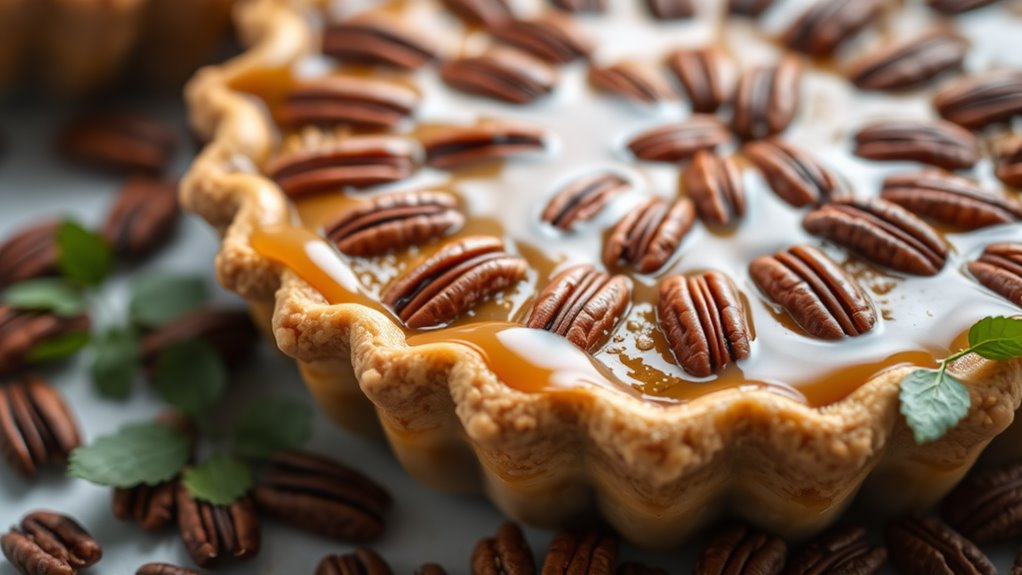 A close-up of a beautifully arranged pecan pie, glistening with caramel glaze, surrounded by scattered pecans and fresh green leaves, captured in soft, natural lighting