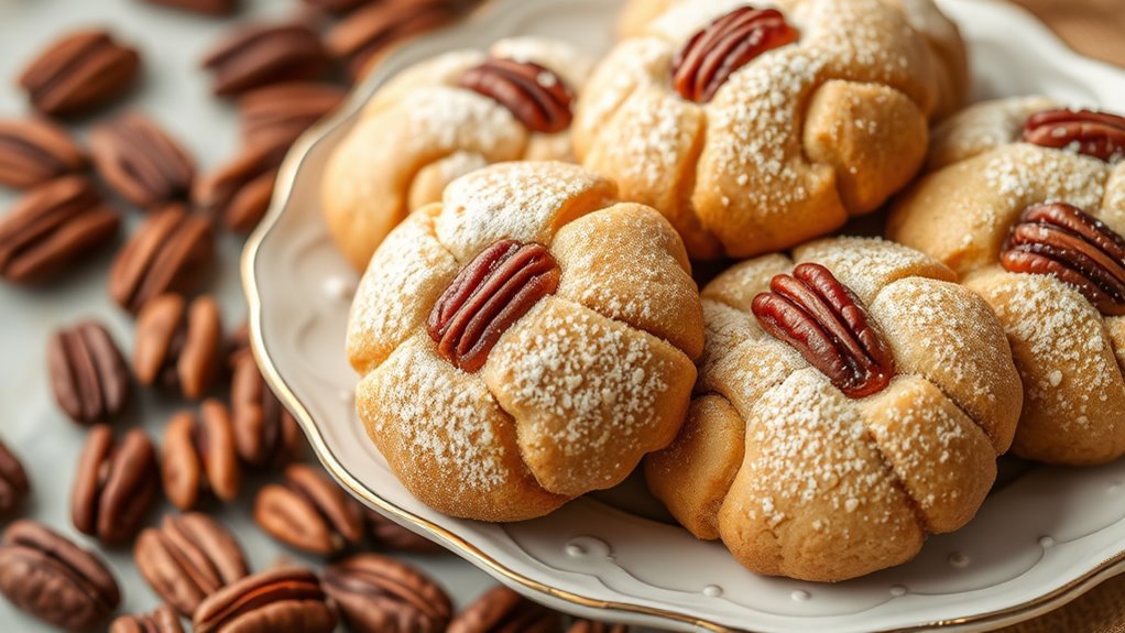 A close-up of perfectly baked pecan sandies, golden brown with a sprinkle of powdered sugar, arranged on a delicate porcelain plate, surrounded by whole pecans and soft, natural lighting