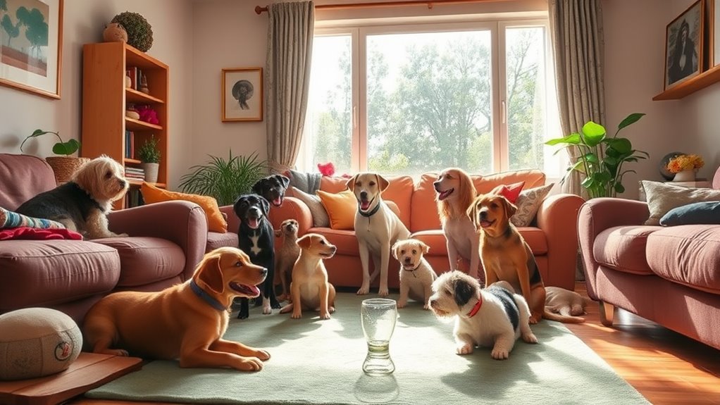 A cozy living room with various pets playing together, sunlight streaming through a window, vibrant colors, and soft textures, showcasing joy in pet care