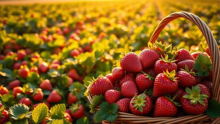 A vibrant strawberry field under soft, golden sunlight, with plump, ripe strawberries glistening dew. A basket filled with freshly picked strawberries in the foreground