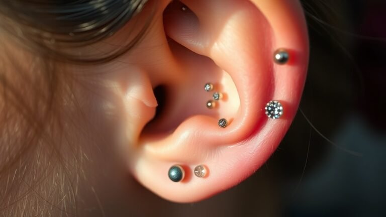 A close-up of a delicate ear adorned with multiple shimmering piercings, captured in natural lighting, showcasing intricate details and elegant designs, centered in the frame