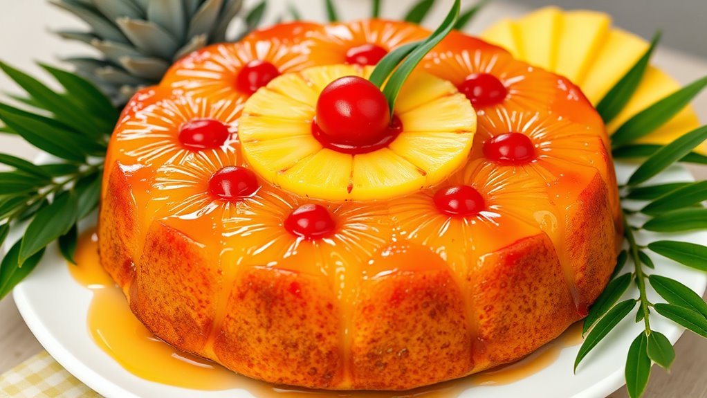 A beautifully plated pineapple upside down cake, glistening with caramelized edges, topped with maraschino cherries and fresh pineapple slices, surrounded by tropical foliage