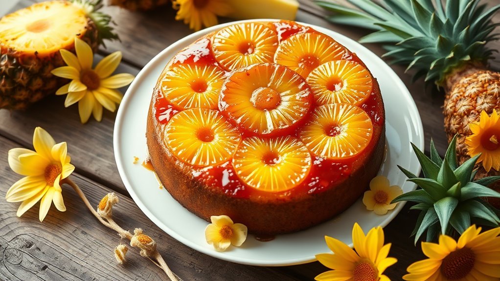 A beautifully plated pineapple upside-down cake, glistening with caramelized pineapple slices, set on a rustic wooden table, surrounded by fresh pineapples and tropical flowers, natural lighting