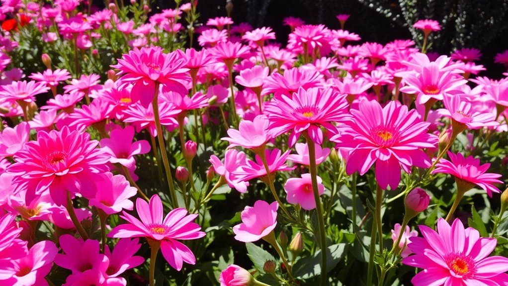 A vibrant, blooming garden filled with various shades of pink flowers, glistening under natural sunlight, capturing the elegance and beauty of National Pink Day