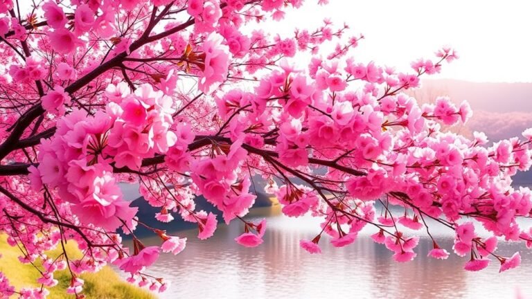 A vibrant pink landscape featuring blooming cherry blossoms under soft sunlight, with a serene lake reflecting the colors, capturing a sense of joy and celebration