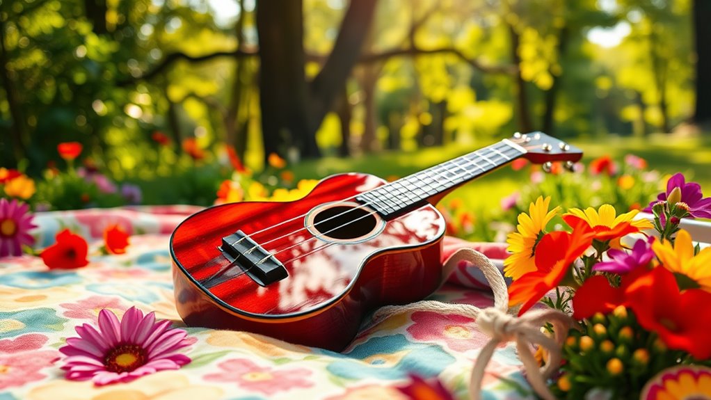 A gleaming ukulele resting on a vibrant picnic blanket, surrounded by colorful flowers and sunlight filtering through lush trees, capturing joyful playfulness and harmony