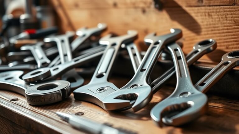 A polished plumber's toolkit with gleaming wrenches and pliers, elegantly arranged on a wooden workbench, bathed in natural light, showcasing intricate details and textures