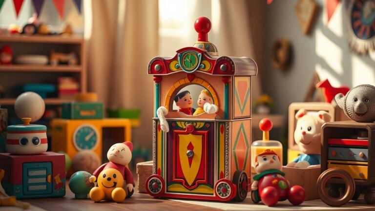 A whimsical scene featuring a colorful, vintage jack-in-the-box popping open, surrounded by playful children's toys, all illuminated by soft, natural light