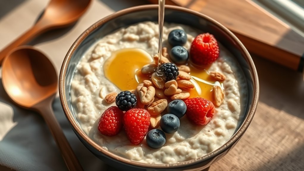 A beautifully styled bowl of creamy oatmeal topped with fresh berries, nuts, and a drizzle of honey, surrounded by rustic wooden utensils and warm morning light