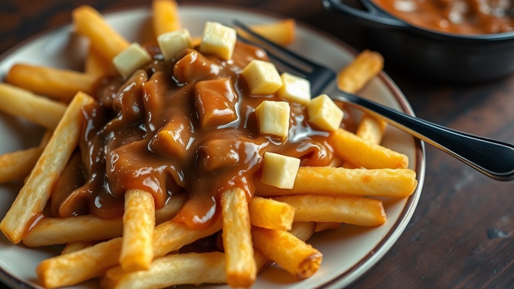 A close-up of a steaming plate of poutine, featuring golden fries topped with rich gravy and melted cheese curds, elegantly presented on a rustic wooden table