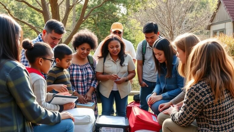 A diverse group of people participating in a community emergency preparedness drill, showcasing teamwork, safety kits, and first aid training under natural lighting, centered composition