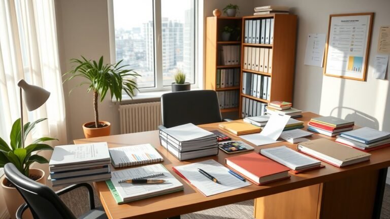 A serene office space with a beautifully arranged psychometric testing setup, featuring colorful assessment materials, professional tools, and soft natural light illuminating the scene