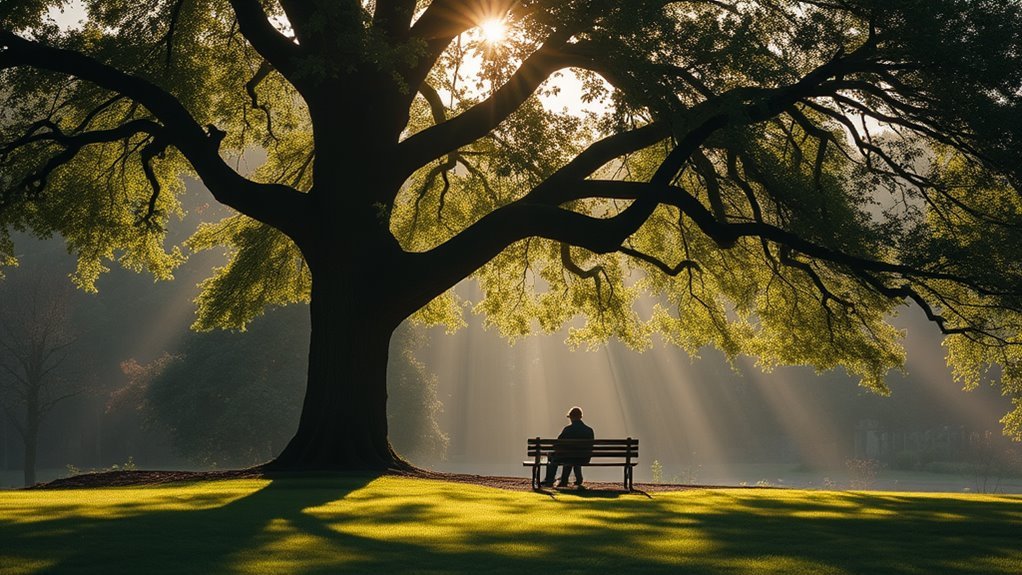 A peaceful landscape with a solitary figure sitting on a bench under a large tree, sunlight filtering through leaves, evoking reflection and serenity