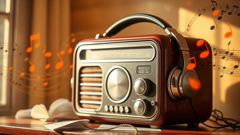 A vintage radio adorned with headphones, surrounded by vibrant sound waves and musical notes, all bathed in warm, natural light, showcasing elegance and detail
