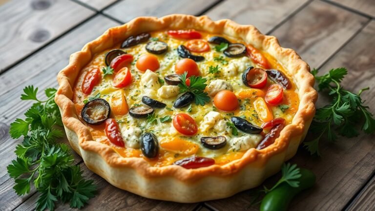 A beautifully arranged quiche with a golden crust, filled with vibrant vegetables and cheese, surrounded by fresh herbs, on a rustic wooden table, with soft natural lighting