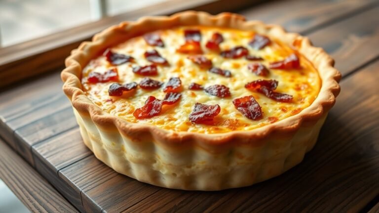 A perfectly baked Quiche Lorraine, with a golden crust, crispy bacon, and creamy cheese, elegantly presented on a rustic wooden table, bathed in soft natural light