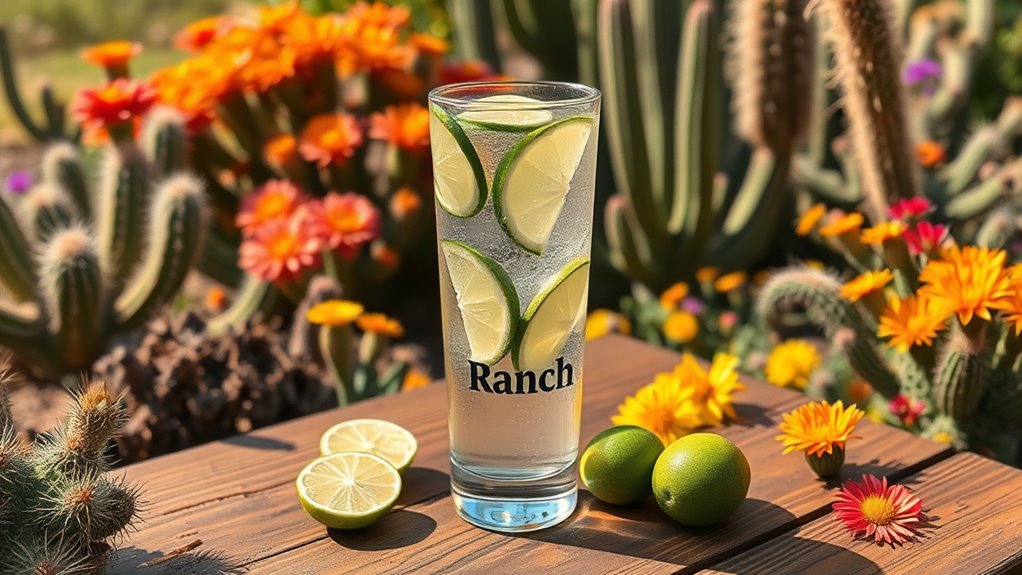 A refreshing glass of Ranch Water filled with lime wedges, set on a rustic wooden table surrounded by vibrant cacti and desert wildflowers, under warm sunlight