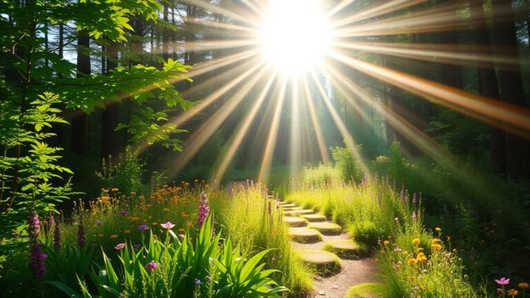 A radiant sunbeam filtering through a lush forest, illuminating a path strewn with vibrant wildflowers, capturing the essence of kindness and light