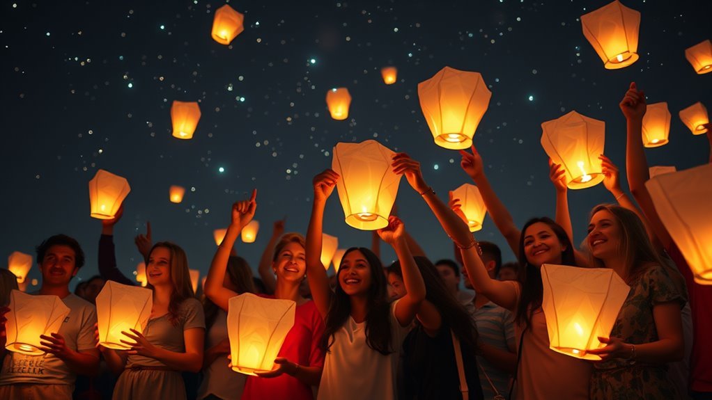 A luminous, sparkling scene of diverse people joyfully sharing glowing lanterns under a starlit sky, capturing the essence of unity and light